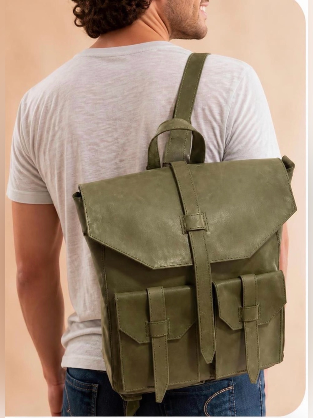 Raven+Lily Stylish Olive Green Men's Leather Backpack With Front Pockets
